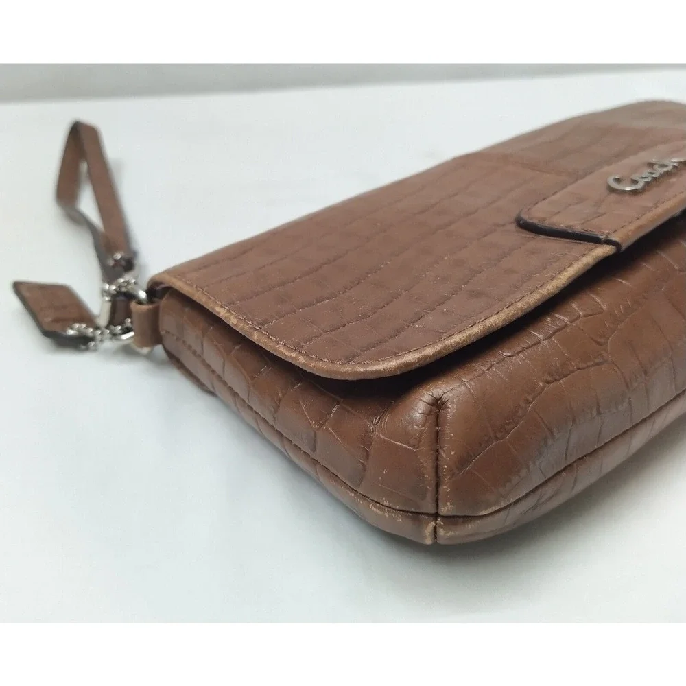 Coach Asley Brown Leather Snakeskin Embossed Flap Closure Wristlet Wallet